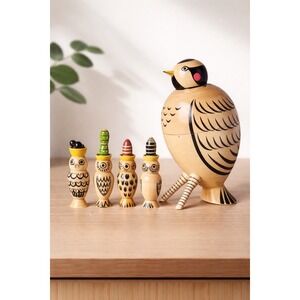 MoMA Wooden Nesting Bird Set Mama Bird 4 Babies Hand Painted Design